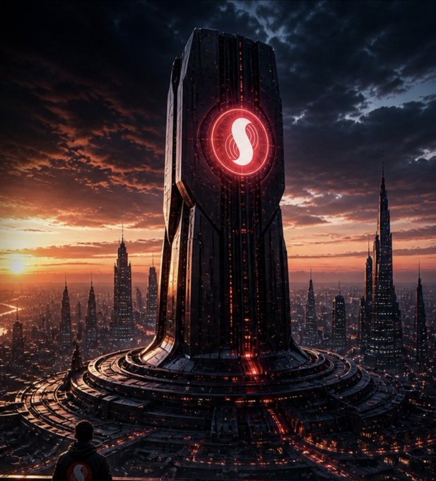 The image shows a futuristic cityscape with tall buildings illuminated by neon lights at night. A large, glowing structure stands out among these structures, possibly representing a new era of technology or innovation. The caption below the image provides information about the event that took place in mid 2025 and mentions that the blockchain processed 25 million transactions within 24 hours without any issues.

A person is standing near this glowing structure, likely observing it or attending an event related to its construction.