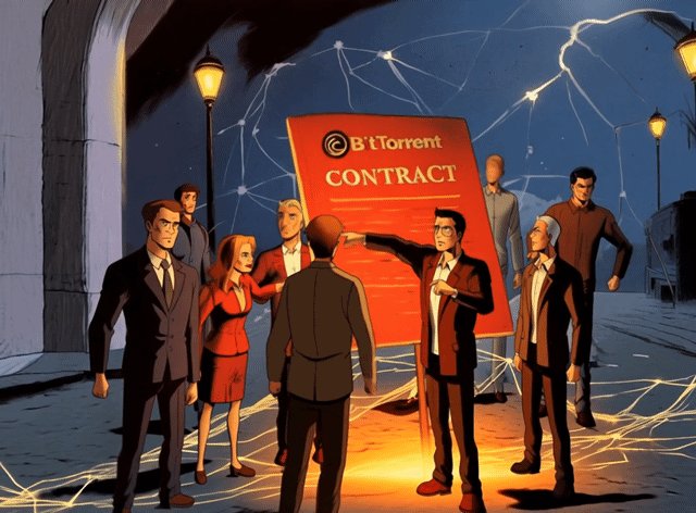 The image features a group of people standing around an orange sign that says "B&TORENT CONTRACT" written in white letters. The scene takes place at night, with street lamps illuminating the area where the group is gathered. There are several men dressed in suits and ties, as well as some women wearing dresses. They appear to be engaged in a discussion or meeting related to the B&TORENT project.