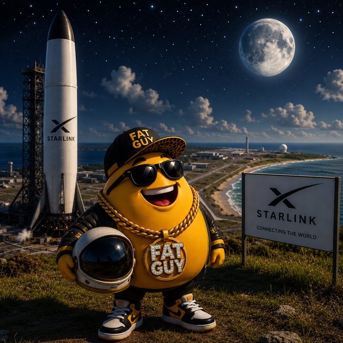 A yellow cartoon character wearing sunglasses, a gold chain, and a 'FAT GUY' cap and pendant holds an astronaut helmet in front of a SpaceX Starlink rocket at night, with a 'STARLINK Connecting The World' sign nearby.