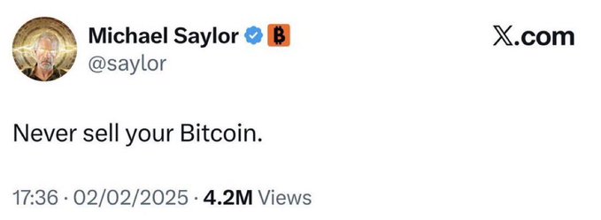 The image features a white background with black text that reads "Never sell your Bitcoin." This message is posted as part of a social media account, possibly by someone named Michael Saylor. The post includes an image of a person's face along with the text in a casual and conversational tone.