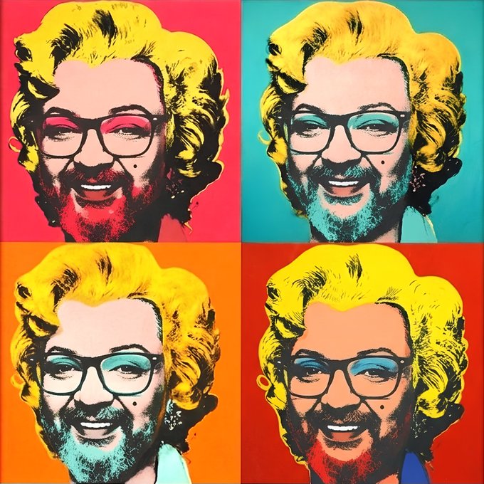 A four-panel pop art portrait in the style of Andy Warhol shows a smiling man with yellow hair, glasses, and a beard, repeated against red, teal, orange, and red backgrounds.