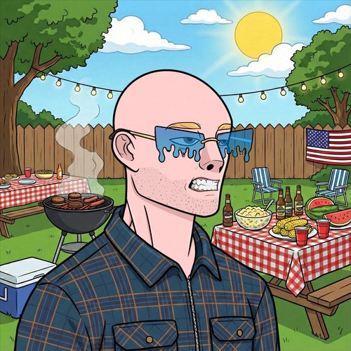 A cartoon illustration shows a bald man with stubble wearing blue sunglasses with dripping lenses and a plaid shirt, standing in front of a backyard BBQ scene with picnic tables, an American flag, and grilled food.