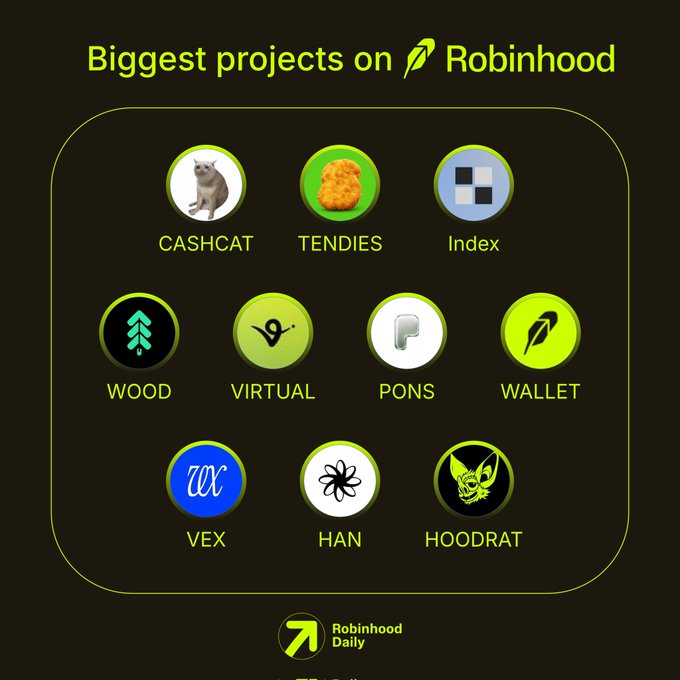 A dark-themed graphic titled "Biggest projects on Robinhood" featuring 10 circular icons representing various crypto tokens, including CASHCAT, TENDIES, Index, WOOD, VIRTUAL, PONS, WALLET, VEX, HAN, and HOODRAT, with the "Robinhood Daily" branding at the bottom.