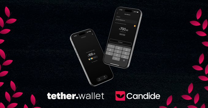 Promotional graphic for tether.wallet and Candide, featuring two smartphones displaying crypto wallet interfaces against a dark background with pink leaf borders.