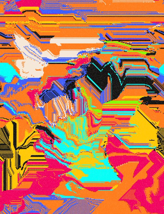 Colorful abstract digital artwork resembling a glitch or datamosh effect with bright orange, pink, cyan, and yellow horizontal lines.