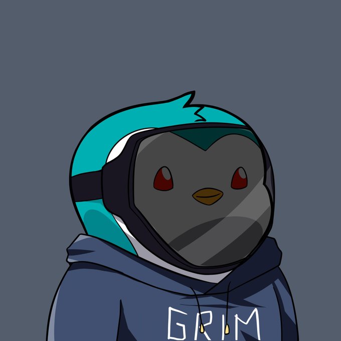 A cartoon-style character wearing a blue and white helmet with a black visor and a hoodie labeled 'GRIM' is shown against a gray background.