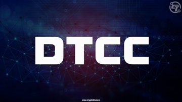 The image displays "DTCC" in large white letters against a dark background featuring a digital, blockchain-style network of connected nodes and lines, visually representing DTCC's launch of its new tokenization platform, with Ripple as a participating partner. The futuristic design underscores the technological advancement of asset tokenization in the financial industry.
