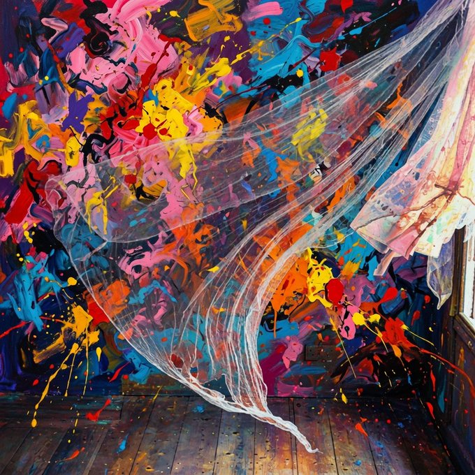 A vibrant, abstract room covered in multicolored paint splashes, with translucent fabric billowing toward a bright window over a wooden floor.