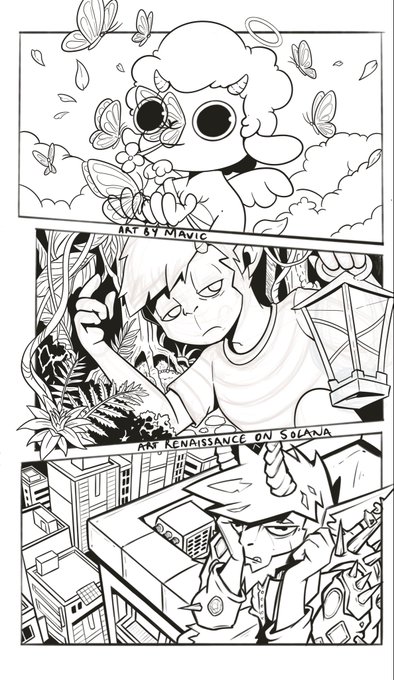 A black-and-white comic page labeled 'Art Renaissance on Solana,' featuring artwork by Mavic with panels of a fluffy creature, a character in a jungle, and a character on a rooftop.