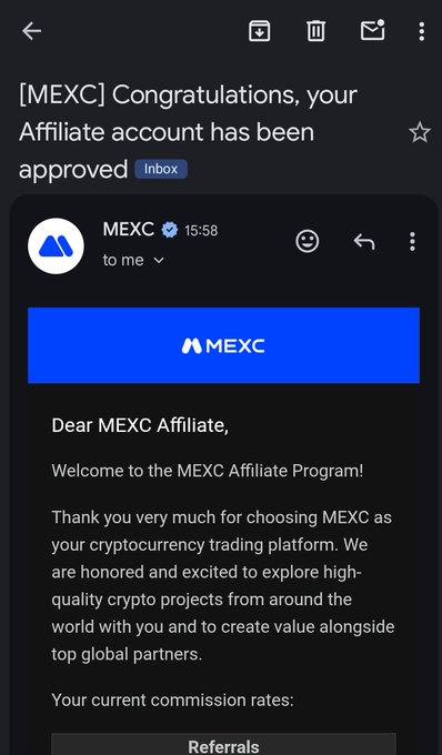 The image shows an email from MEXC (Merkle Energy Exchange) congratulating the user on their approved account, with a message inviting them to join the affiliate program. The email also includes information about the crypto opportunity and encourages the recipient to refer others who might be interested in joining the program.