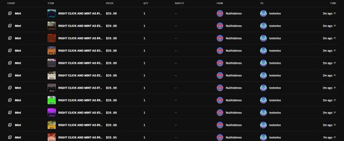 A screenshot of a cryptocurrency transaction history table showing multiple 'Mint' events with items labeled 'RIGHT CLICK AND MINT AS #2...' for $26.98, sent from a 'BulkAddress' to a 'testnetice' address.