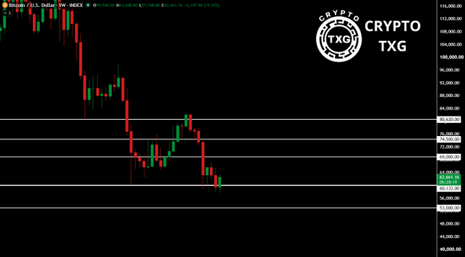 A Bitcoin/USD weekly candlestick chart shows price recovering sharply from a low of $60,133.92 back up to around $63,000, with horizontal support levels marked at $69,000, $72,000, $76,000, and $80,620 visible on the right axis. The "CRYPTO TXG" branding appears in the top right corner, and the chart visually supports the post's claim of a fakeout below $60,133, with the next key level being $69,000.