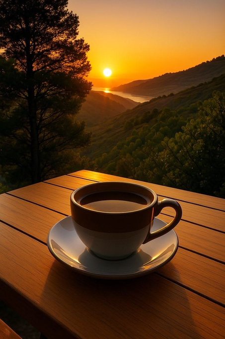 A serene sunset scene featuring a cup of coffee on a saucer placed on a wooden table, with a scenic view of the ocean, mountains, and trees in the background.