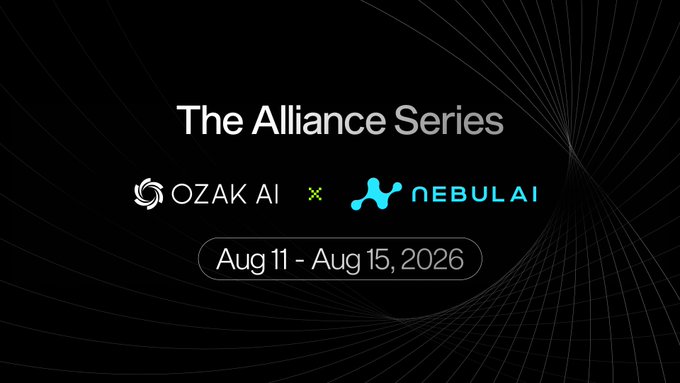 The promotional graphic announces "The Alliance Series" event featuring a partnership between Ozak AI and Nebulai, taking place from August 11-15, 2026. The dark background with flowing light lines and the "×" symbol between the two company logos visually represents their collaboration, supporting the post's message about teaming up for a 5-day run.