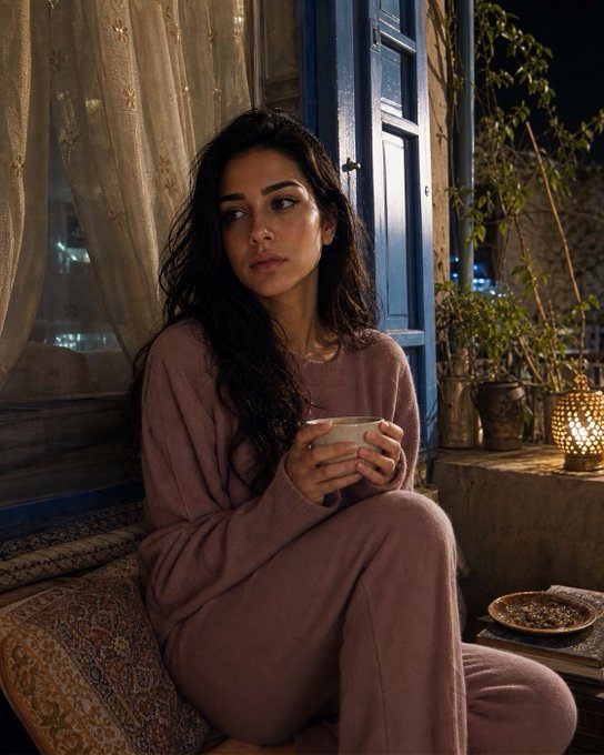 A woman with long dark hair sits on cushions by a window at night, wearing a pink sweater and holding a teacup.