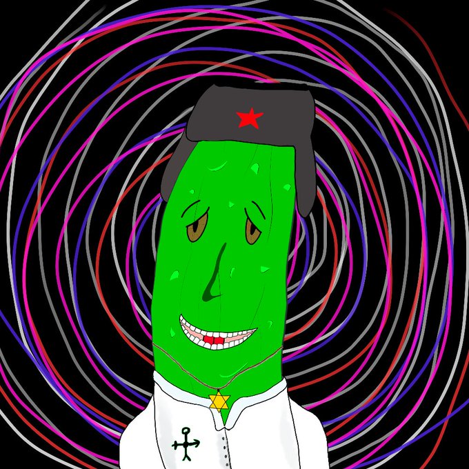 A cartoon drawing of a green pickle-like character wearing a black ushanka hat with a red star and a white robe, set against a psychedelic swirling background.