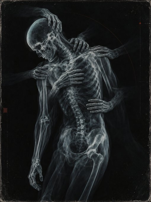 An X-ray-style artwork of a human skeleton with several ghostly hands and arms posed around its body.