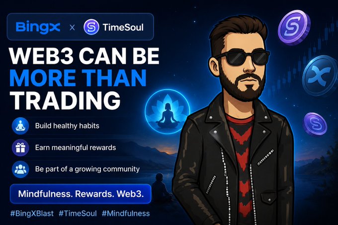 A promotional graphic for 'BingX x TimeSoul' titled 'WEB3 CAN BE MORE THAN TRADING,' featuring an illustrated bearded man in sunglasses and a leather jacket, highlighting 'Mindfulness. Rewards. Web3.' with hashtags #BingXBlast, #TimeSoul, #Mindfulness.
