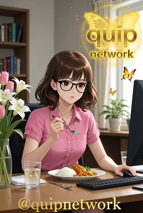 The image features a woman sitting at a desk with a plate of food in front of her. She has a fork and knife next to her plate, indicating that she is about to eat her meal. The background shows a computer monitor on the right side of the frame, suggesting that she might be working or browsing while enjoying her lunch.