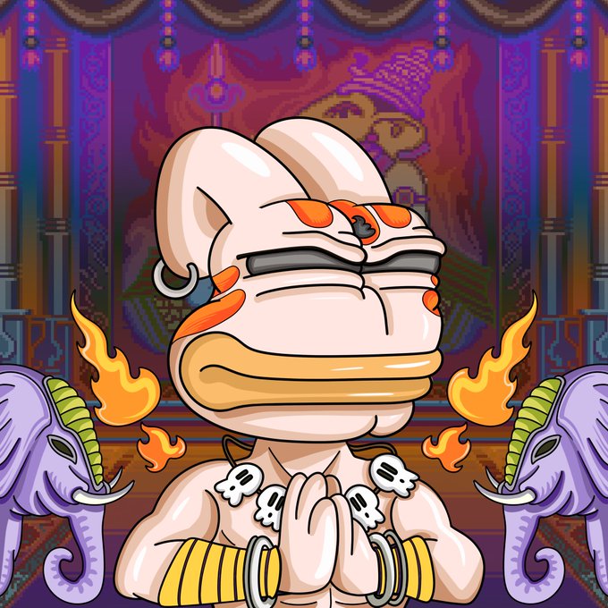 A pixel art illustration of a muscular anthropomorphic duck with flaming horns and a skull necklace, hands pressed together in prayer.