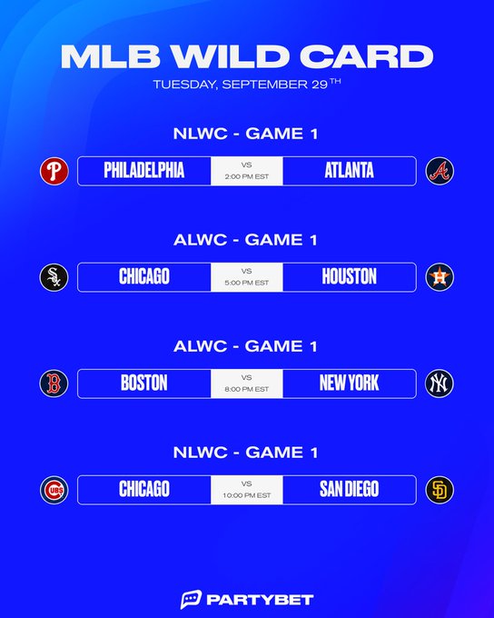 A blue promotional graphic for MLB Wild Card games on Tuesday, September 29th, listing matchups including Philadelphia vs Atlanta, Chicago vs Houston, Boston vs New York, and Chicago vs San Diego, with PartyBet branding.