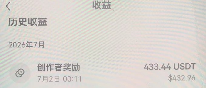 The image shows a "Historical Earnings" (历史收益) screen displaying a creator reward (创作者奖励) of 433.44 USDT (approximately $432.96) received on July 2nd for July 2026. This screenshot illustrates the monthly earnings payout referenced in the post, supporting the claim about getting paid each month.