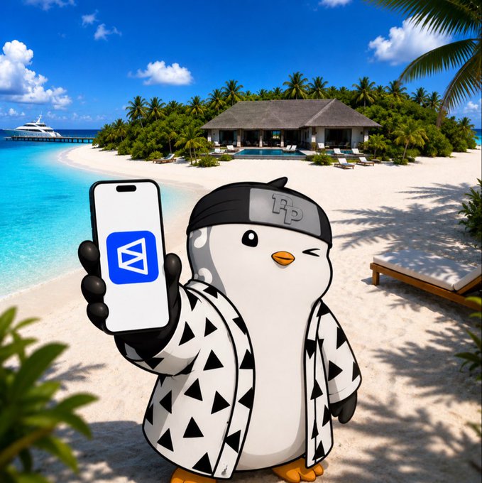 A cartoon penguin character wearing a black and white patterned robe and headband holding up a smartphone displaying an app icon, set against a tropical beach resort background with palm trees, a pool, and a yacht.