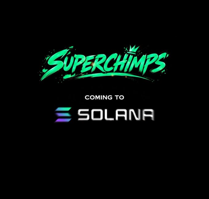 A promotional graphic on a black background featuring the 'SUPERCHIMPS' logo in green graffiti-style text with a crown, announcing 'COMING TO SOLANA' with the Solana blockchain logo.