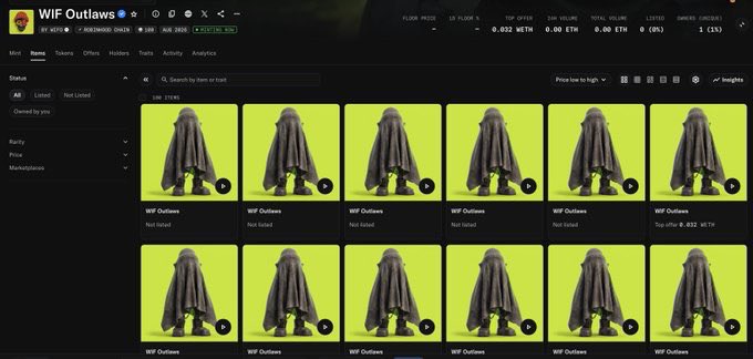 A screenshot of an NFT marketplace interface displaying a collection called 'WIF Outlaws' featuring cloaked character figures with 'Not Listed' status, showing floor price of 0.932 ETH.