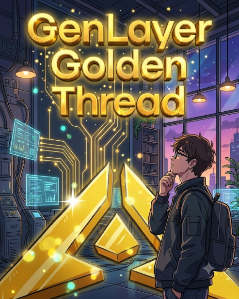 An anime-style digital illustration titled 'GenLayer Golden Thread' shows a young man looking thoughtfully at a glowing golden geometric structure amid high-tech circuitry.