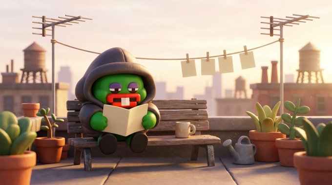 A 3D rendered scene of a green character in a dark hooded robe sitting on a wooden bench reading a book, with a coffee cup beside it and clotheslines with hanging laundry in the background against a cityscape.