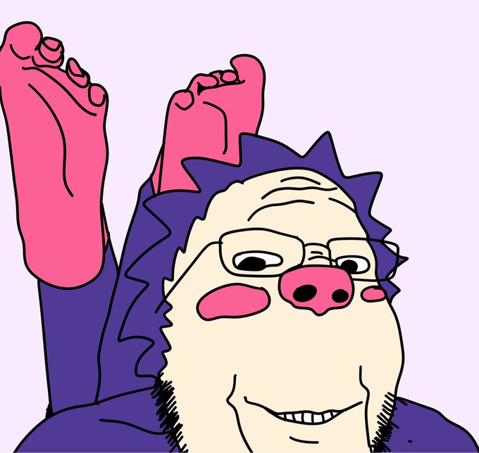 A cartoon illustration of a pig-like character with glasses, a purple mane, and large pink human feet raised in the air against a light purple background.
