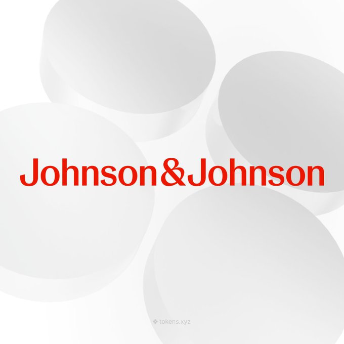The image displays the Johnson & Johnson company logo in its signature red script against a white background with abstract circular shapes, while a small "tokens.xyz" watermark appears at the bottom—visually branding the post as promoting JNJ as a tokenized asset on Solana, coinciding with the announcement of Q2 earnings beats and raised full-year EPS guidance.