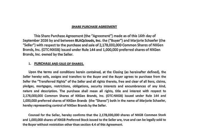 A Share Purchase Agreement document dated September 16, 2026, between BLAQcuals, Inc. as Buyer and Marjorie Schaefer as Seller, for the purchase of 2,178,000,000 Common Shares and 1,000,000 preferred shares of NXGen Brands, Inc. (OTC:NXGB).