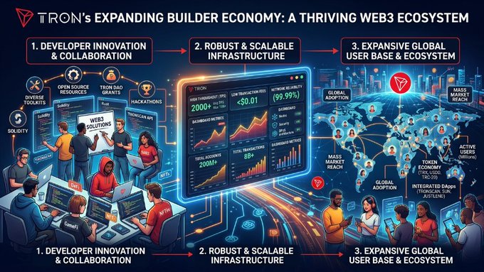 The image is a digital infographic titled "TRON's Expanding Builder Economy: A Thriving Web3 Ecosystem," highlighting three pillars: Developer Innovation & Collaboration, Robust & Scalable Infrastructure (showing metrics like 2000+ high throughput TPS, <$0.01 transaction fees, and 99.99% network reliability), and an Expansive Global User Base & Ecosystem (featuring world maps and user statistics). It visually reinforces the post's message about TRON's support for Web3 builders through its scalable infrastructure and global reach.