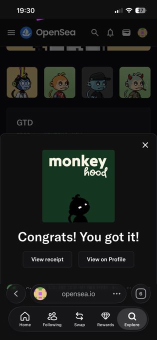 OpenSea mobile app screenshot showing a successful purchase pop-up for a 'monkey hood' NFT with the message 'Congrats! You got it!' and buttons to view the receipt or profile.
