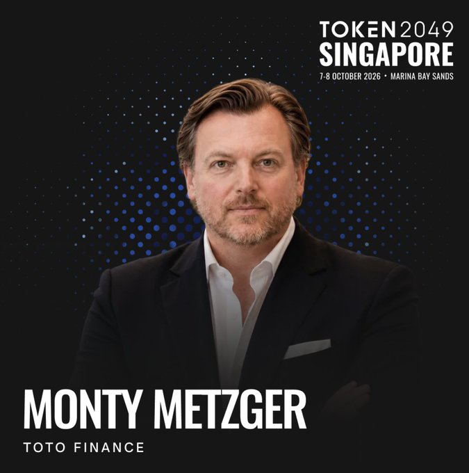 A promotional poster for TOKEN2049 Singapore (7-8 October 2026 at Marina Bay Sands) featuring speaker Monty Metzger from Toto Finance.