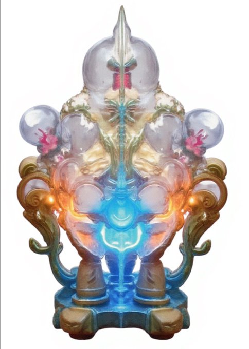 The image shows a translucent, ornate crystal-like sculpture with glowing blue, orange, and green hues, featuring a central pointed spire and decorative elements. This aligns with the post's reference to "Hyper War Relics" — a digital NFT collectible minted by PlayerFellers — using the visual aesthetic of the artifact to represent the newly acquired relic piece.