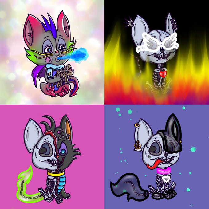 Four stylized illustrations of cat-like creatures are arranged in a grid, featuring various designs including colorful fur, glowing eyes, and skeletal features against different colored backgrounds.