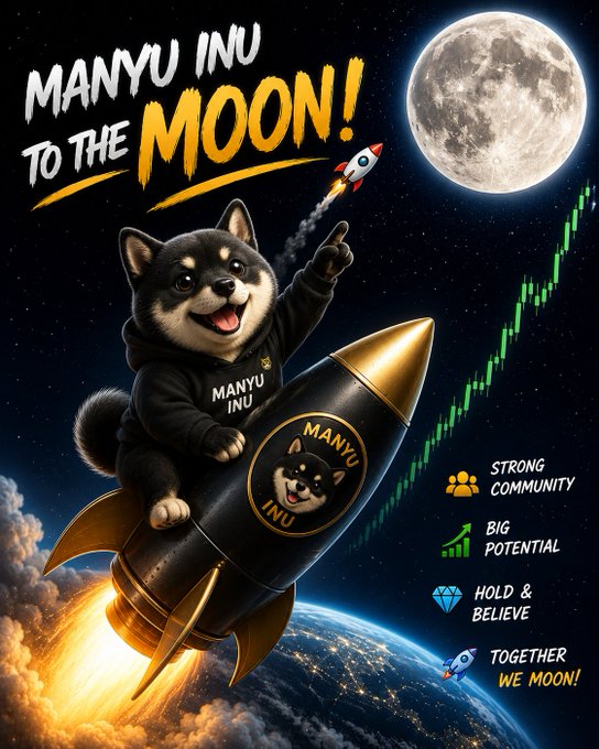 A promotional graphic reading 'MANYU INU TO THE MOON!' featuring a Shiba Inu dog wearing a 'MANYU INU' hoodie riding a rocket toward the moon, with text highlighting 'STRONG COMMUNITY', 'BIG POTENTIAL', 'HOLD & BELIEVE', and 'TOGETHER WE MOON!'.
