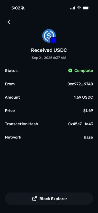 A mobile wallet app showing a completed "Received USDC" transaction for 1.69 USDC ($1.69) on the Base network, dated Sep 21, 2026, from address 0xc972...97A0 with transaction hash 0x45a7...1a43. The small USDC amount received aligns with the post's playful "this you?? nice" comment, likely teasing the receipt of a modest crypto tip or transfer.