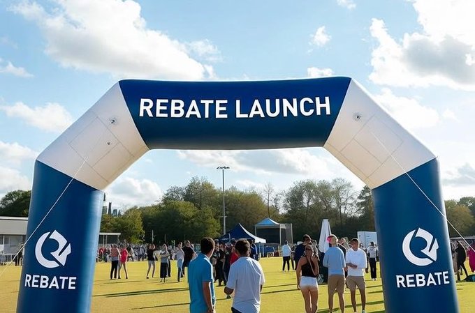 An outdoor promotional event featuring a large inflatable blue and white arch labeled 'REBATE LAUNCH' with crowds gathered on a grassy field.
