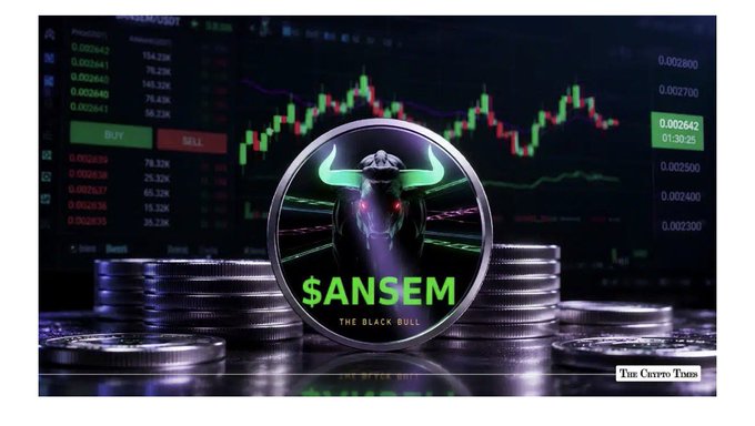 A promotional image for $ANSEM ("The Black Bull") cryptocurrency token, showing a bull logo with glowing green horns over stacks of coins with a candlestick chart background.