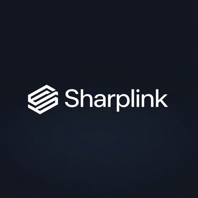 The image displays the Sharplink logo, featuring a geometric hexagonal "S" icon next to the company name in white text against a dark background. This branding aligns with the post about Sharplink ($SBET) planning to stake $200 million worth of $ETH through Lido, reinforcing the company's identity as an Ethereum treasury-focused firm.