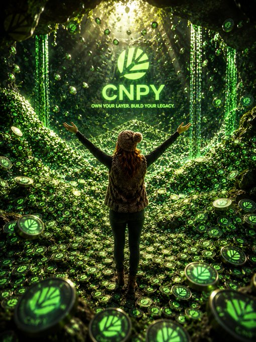 A person with outstretched arms stands in a glowing forest cave surrounded by countless small CNPY coins, facing a large illuminated CNPY logo with the tagline "OWN YOUR LAYER. BUILD YOUR LEGACY." The scene visually reinforces the post's message that thriving ecosystems are built from the collective effort of many small contributors, builders, and community members working together rather than relying on a single dominant force.
