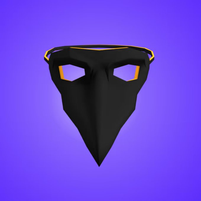 A black low-poly faceless mask with gold trim around the eyes and forehead is displayed against a purple background.