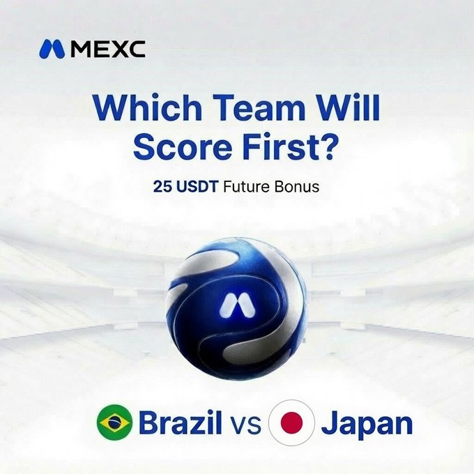 A MEXC promotional graphic featuring a blue and white soccer ball with the question "Which Team Will Score First?" and a "25 USDT Future Bonus" offer for predicting the outcome of the Brazil vs Japan match. The image supports the post's call-to-action for followers to predict which team—Brazil or Japan—will score first for a chance to win the 25 USDT futures bonus.