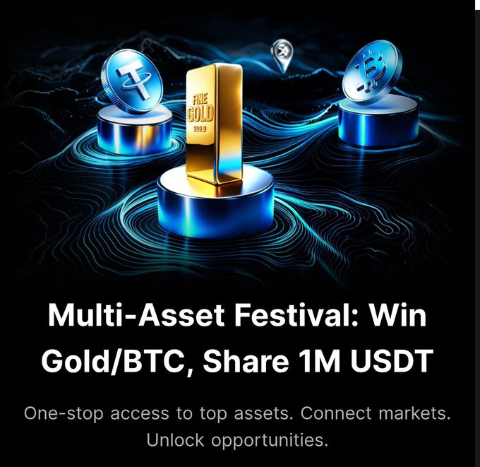 An advertisement for a 'Multi-Asset Festival: Win Gold/BTC, Share 1M USDT' showing digital renderings of a Tether coin, a gold bar, and a Bitcoin coin.