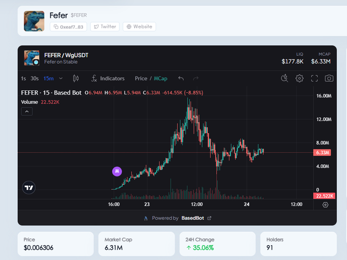 A trading chart for '$FEFER / WgUSDT' (Fefer on Stable) showing a price of $0.006306, market cap of 6.31M, 24H change of +35.06%, and 91 holders, with a peak market cap of $6.33M visible on the chart.