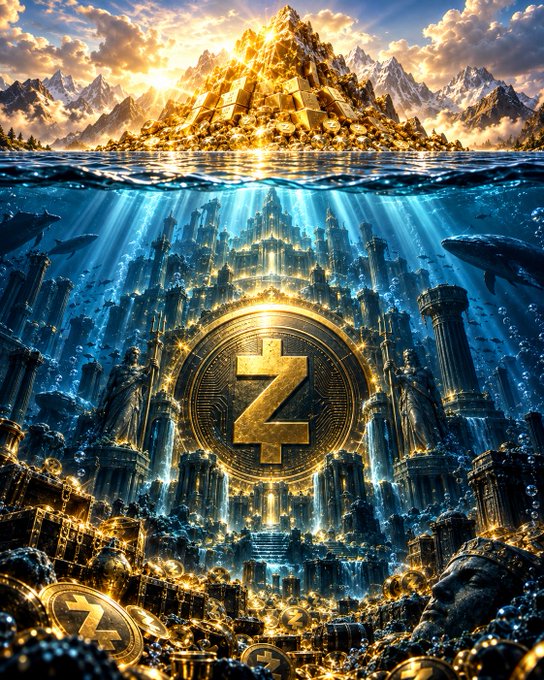 A digital fantasy artwork featuring a large golden Zcash (ZEC) cryptocurrency coin at the center of a majestic underwater city, surrounded by ancient pillars and statues, with gold coins scattered on the sea floor beneath a glowing mountain peak.